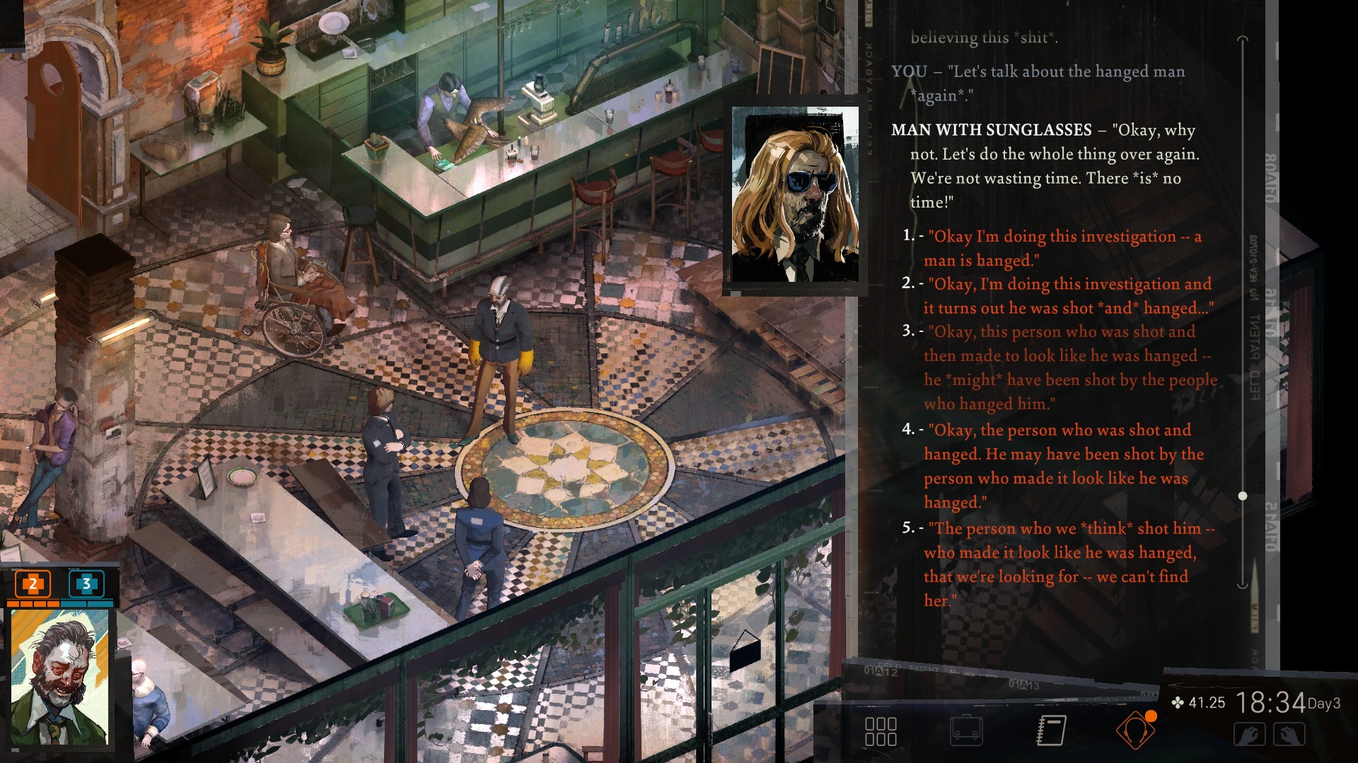 Screenshot from Disco Elysium: A man in sunglasses stands opposite the main character in a bar and asks a question. The player can respond by choosing one of 5 answers.