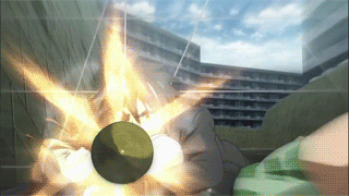 A bullet passes between the breasts of a girl, who leans backwards like in the famous scene from The Matrix.