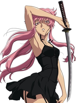 Yuno in a skirt holding a katana