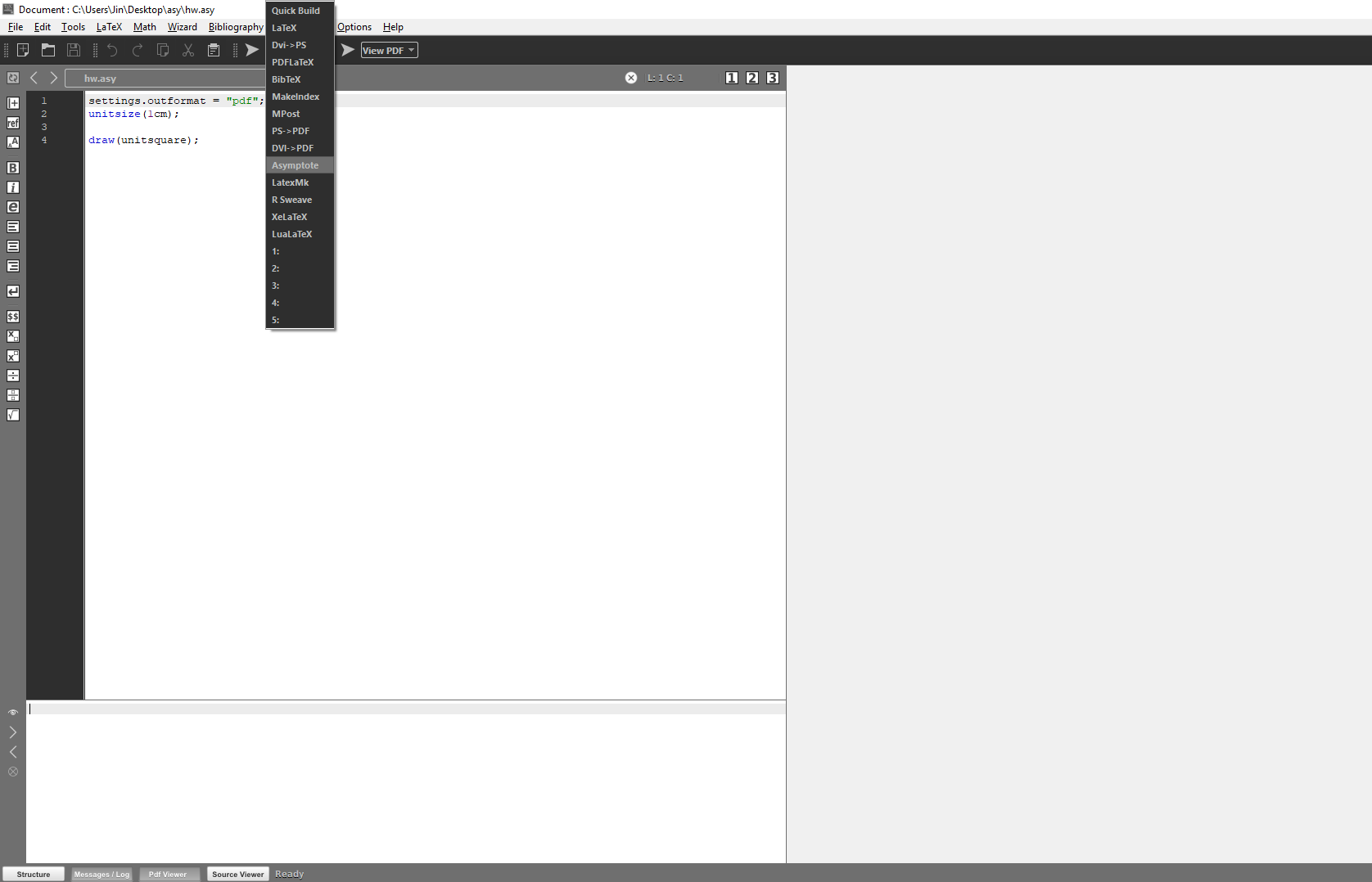 Screenshot z Texmakeru ukazující, jak kompilovat Asymptote